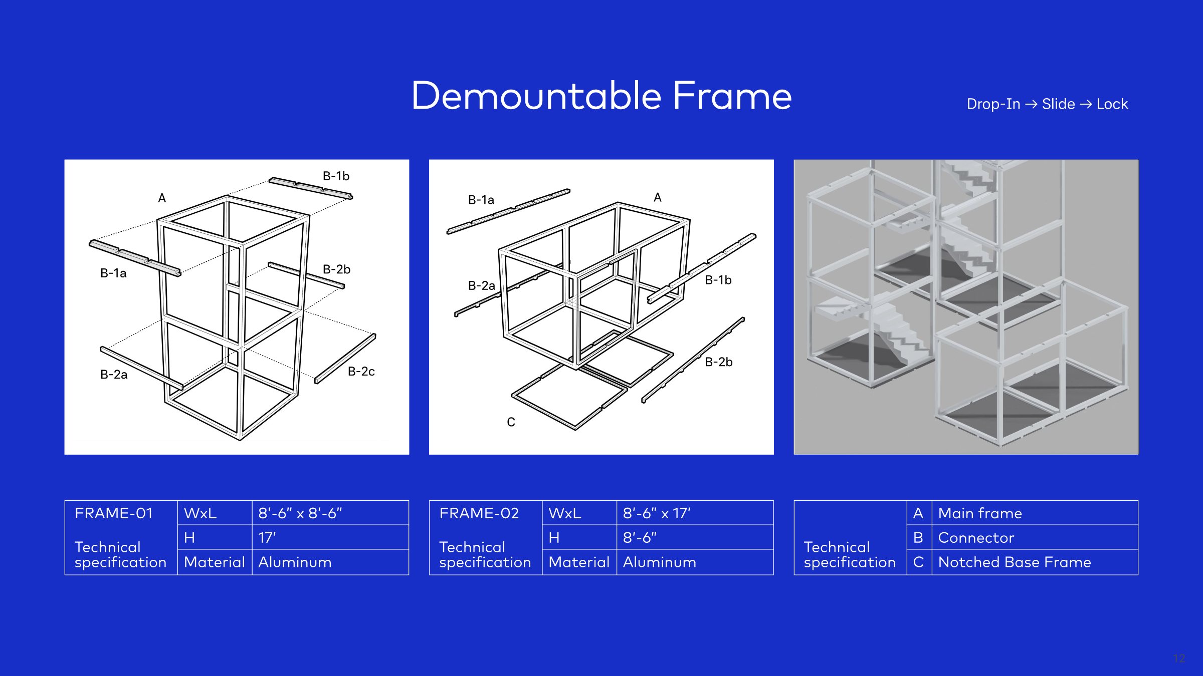 Demountable frame: exploded axonometrics of FRAME-01 and FRAME-02 with connectors and notched base frame, and their technical specifications