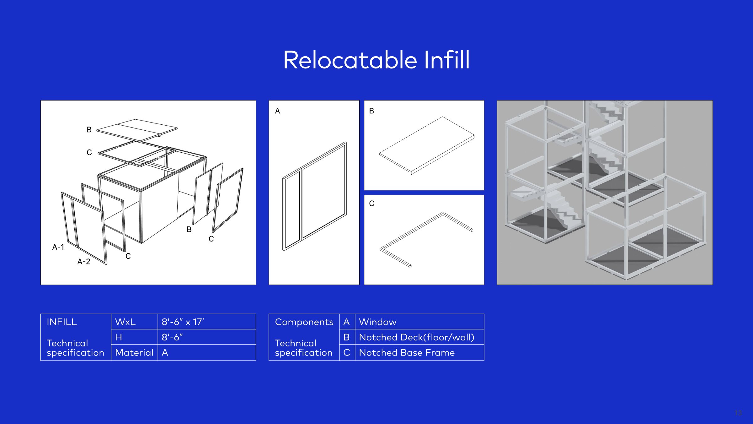 Relocatable infill: exploded axonometric with window, notched deck and notched base frame, and its technical specification