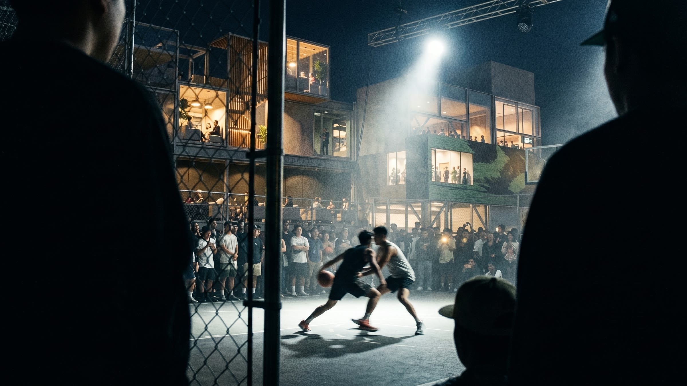 A NEXA frame at night around a floodlit court, a game running with the upper floors occupied above it