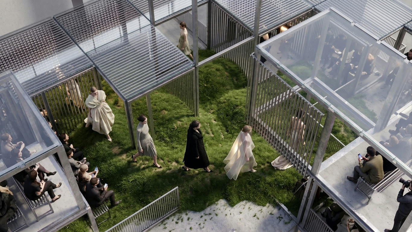 A fashion show running through a NEXA frame, the audience seated in the glazed bays either side of a grass runway