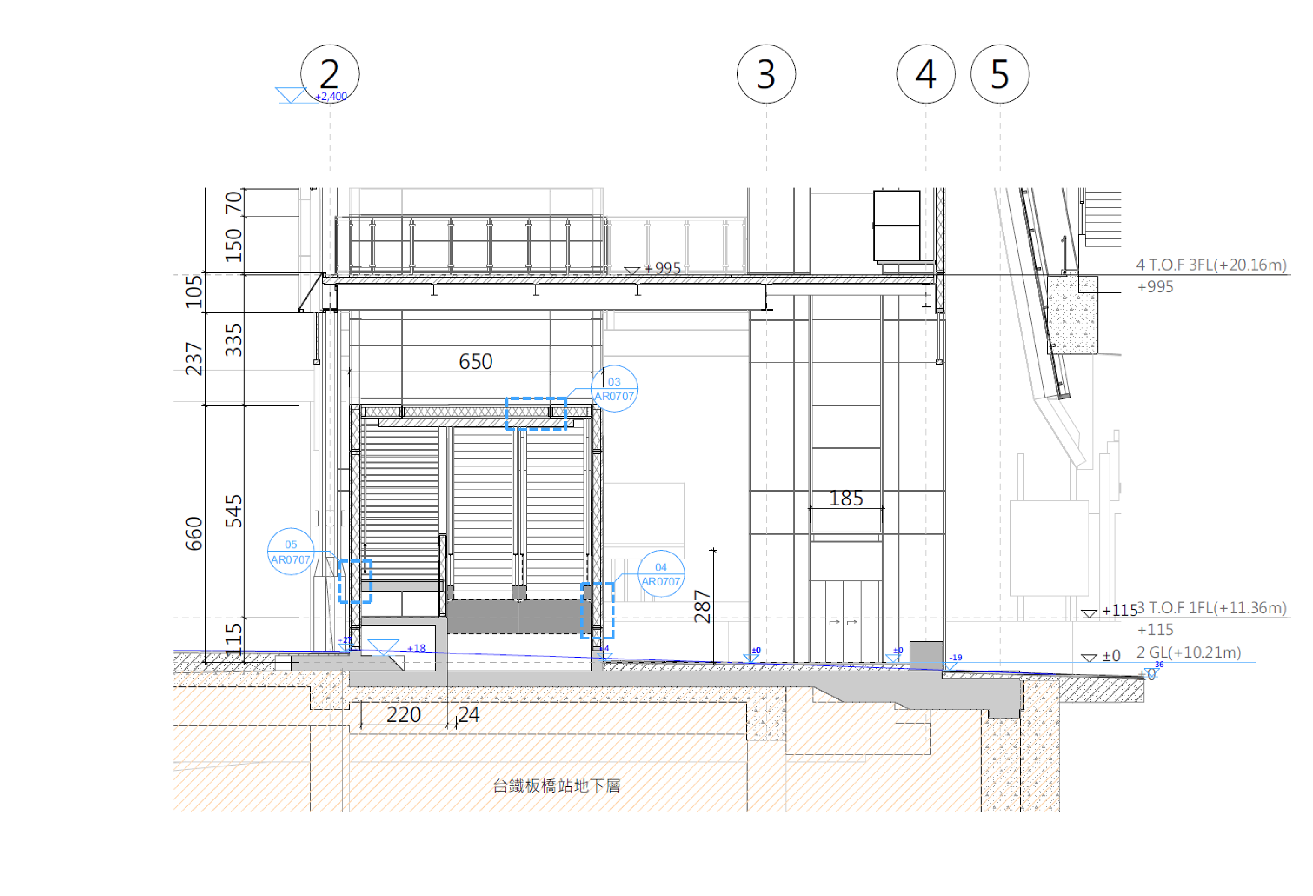 Detailed section through the station's underground level and escalator