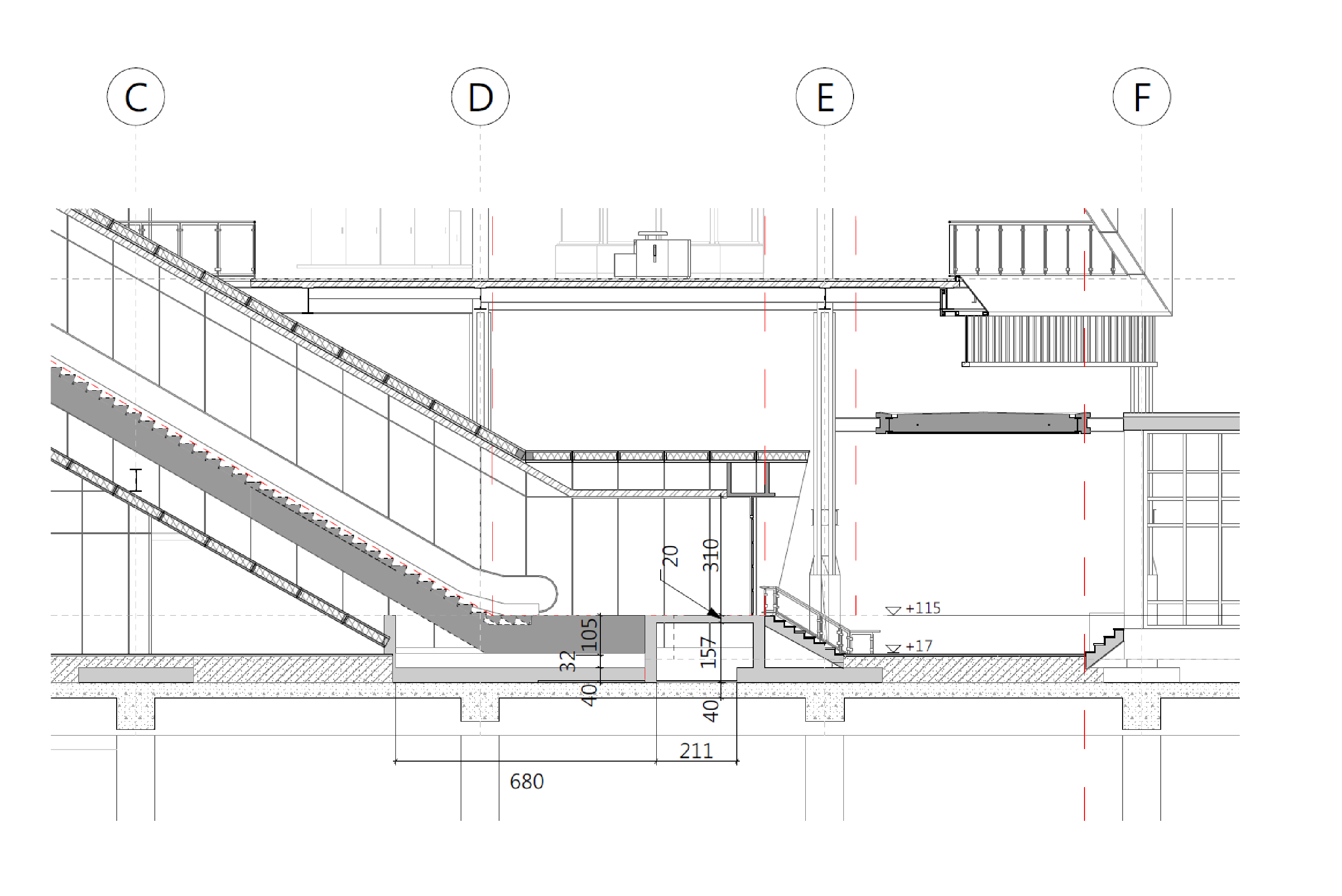 Escalator section — circulation threading between street and platform