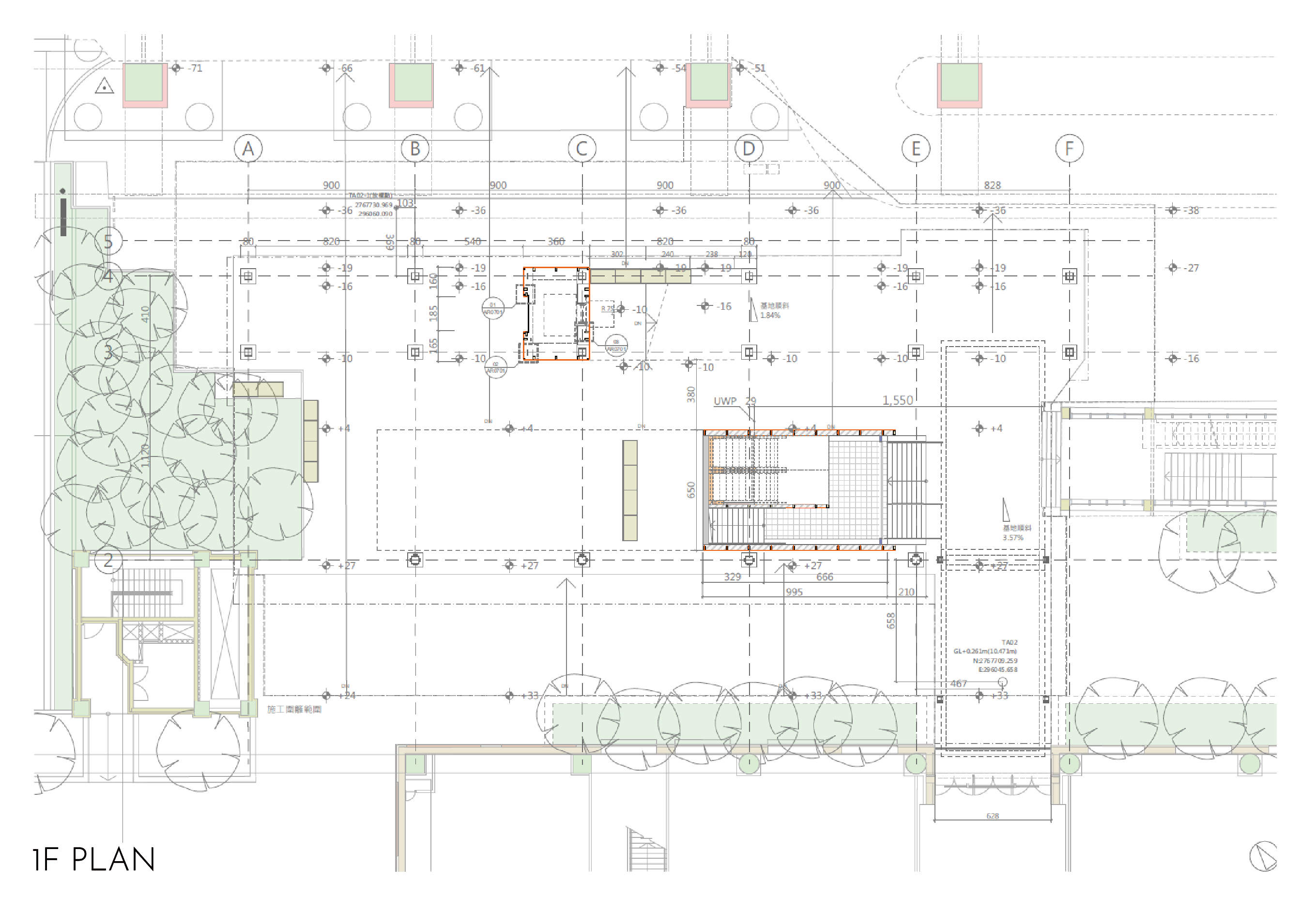 Ground-floor plan — entrance, escalator core and landscaped forecourt