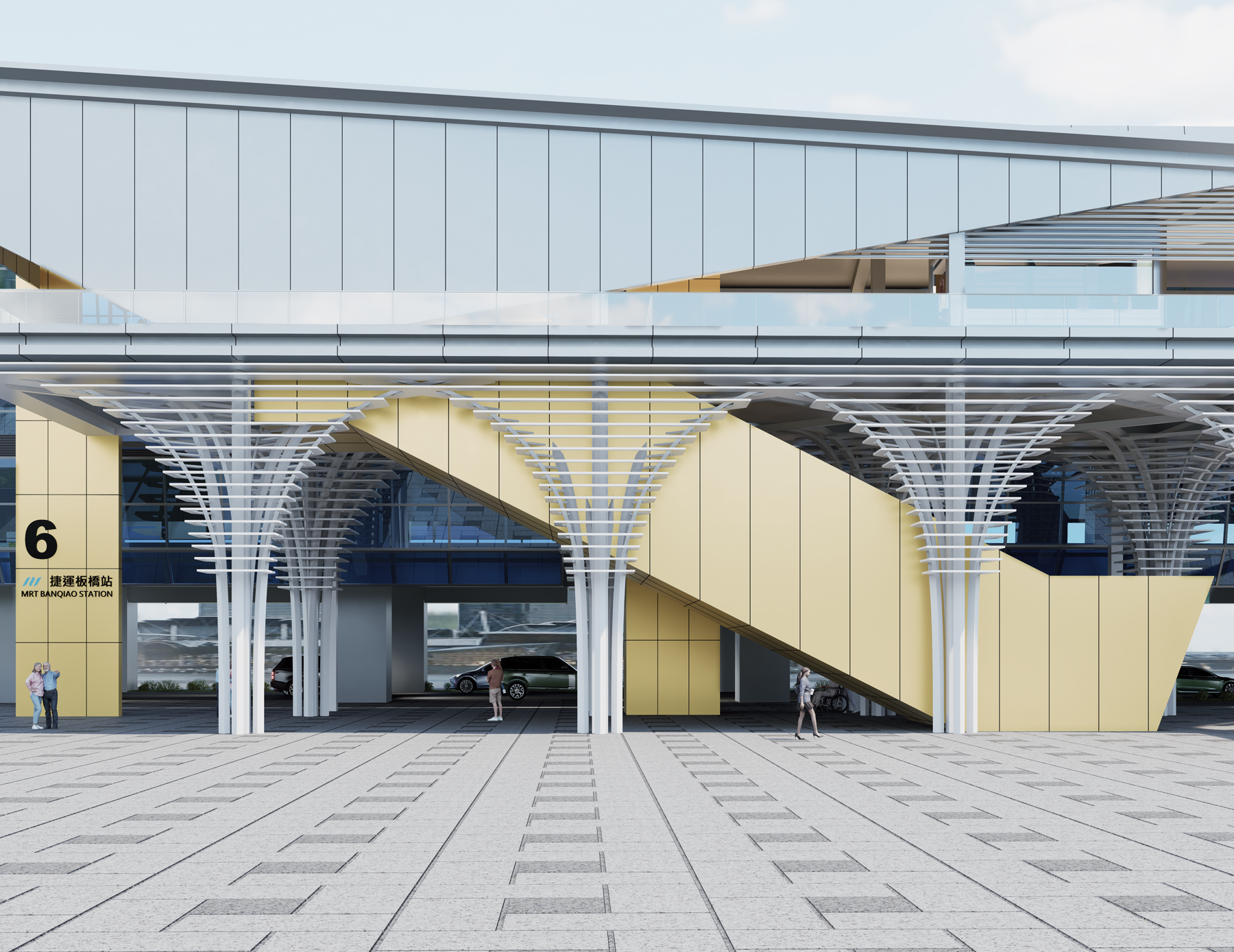 Entrance plaza and arched canopy at grade
