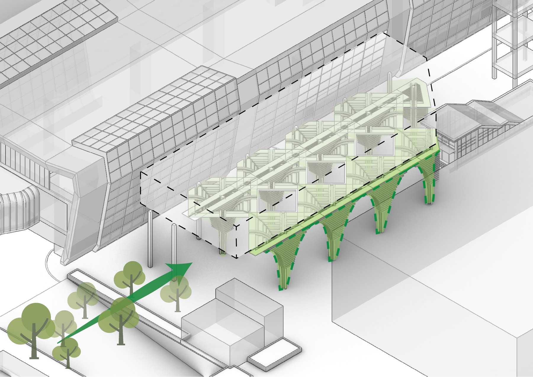 Arched structure forming a continuous urban green corridor