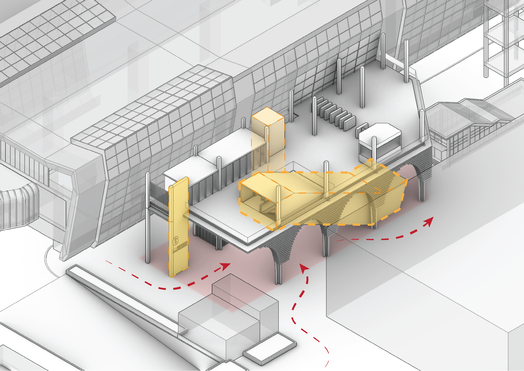 Circulation through the open, double-height ground level
