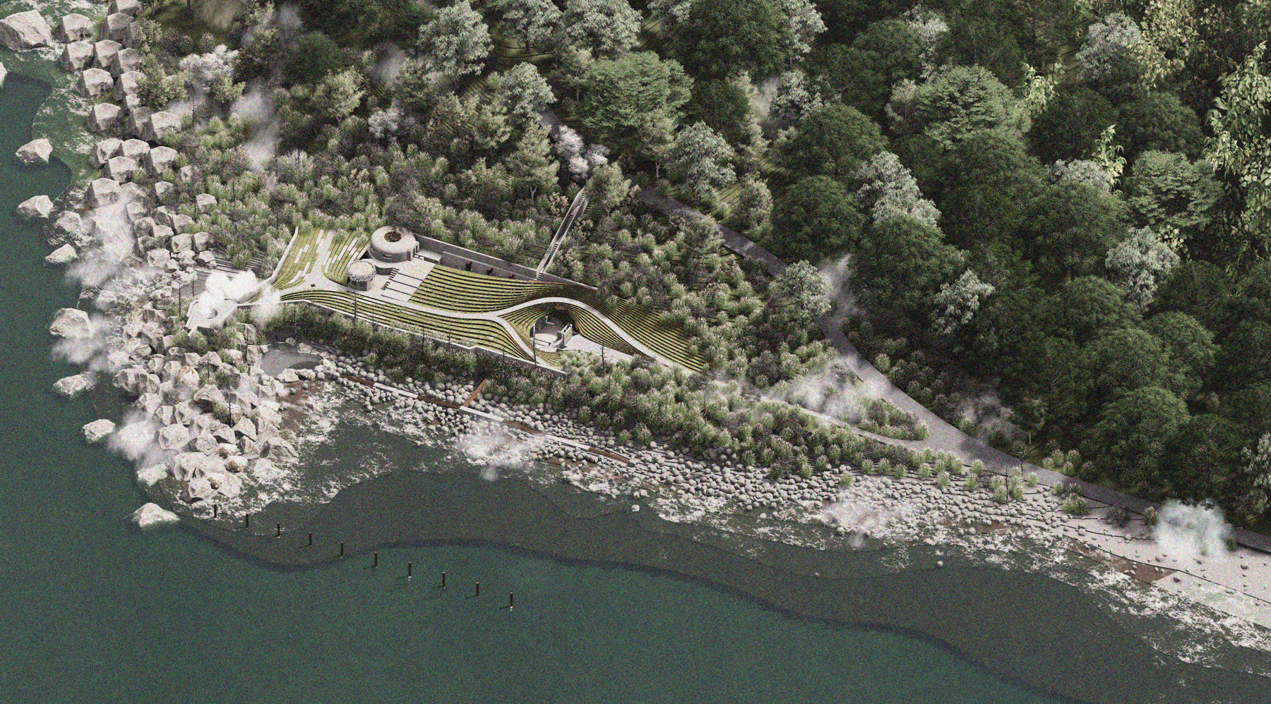 Aerial view of the regenerated Outpost No.32 along the coast