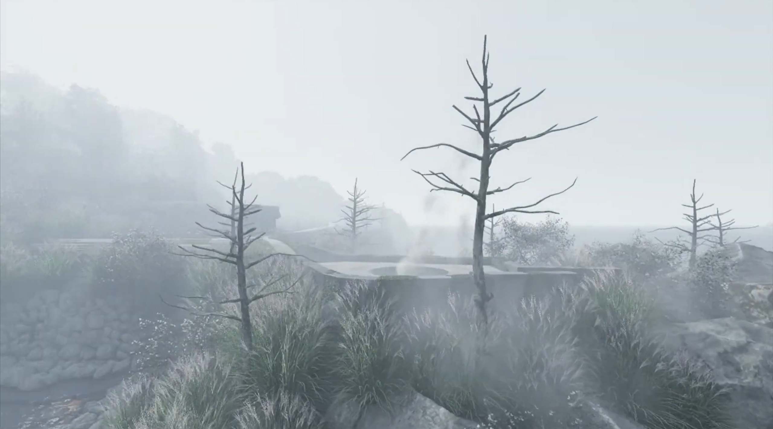 A misty terraced landscape with a sunken pool