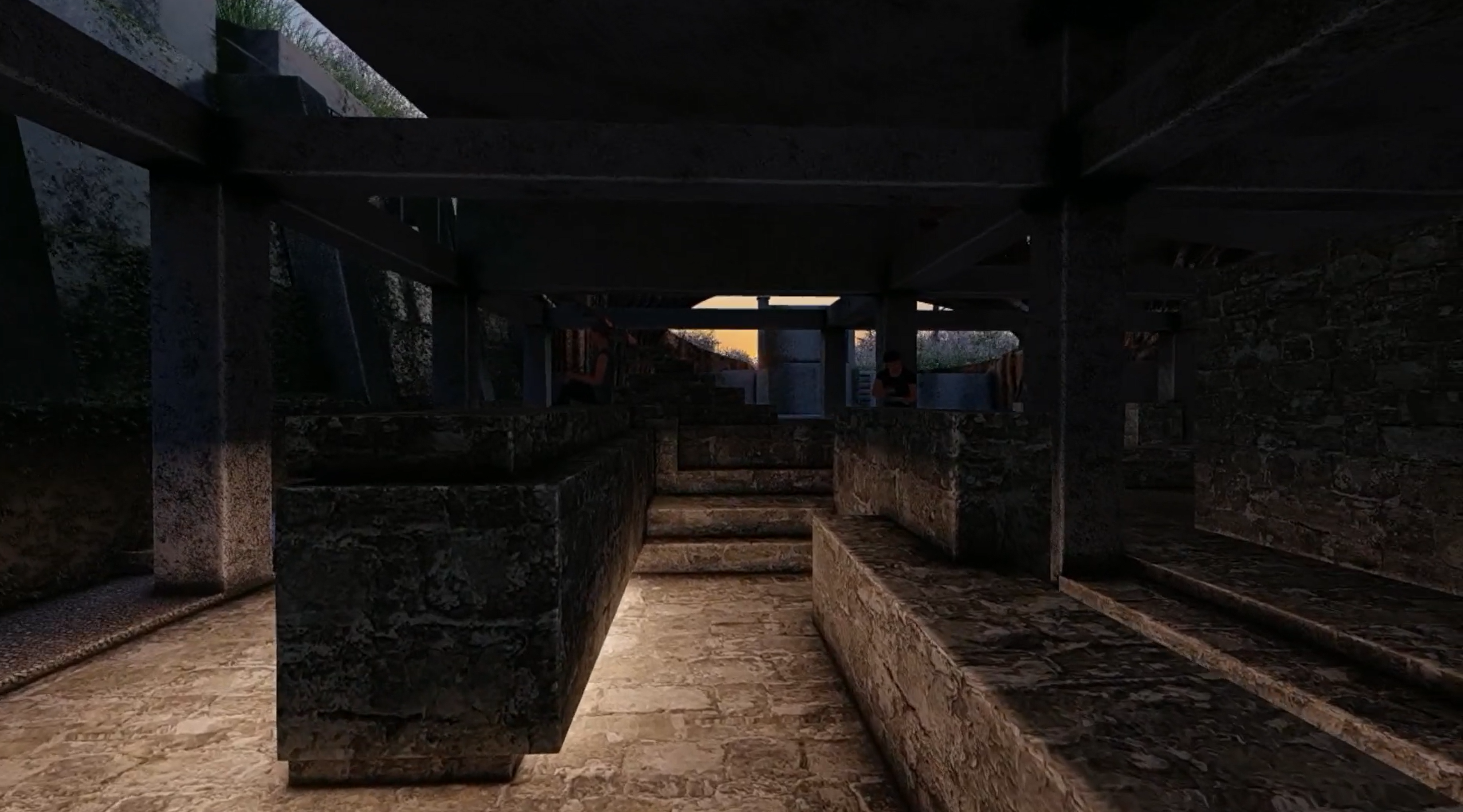 A sheltered stone hall at sunset, columns and gathering steps