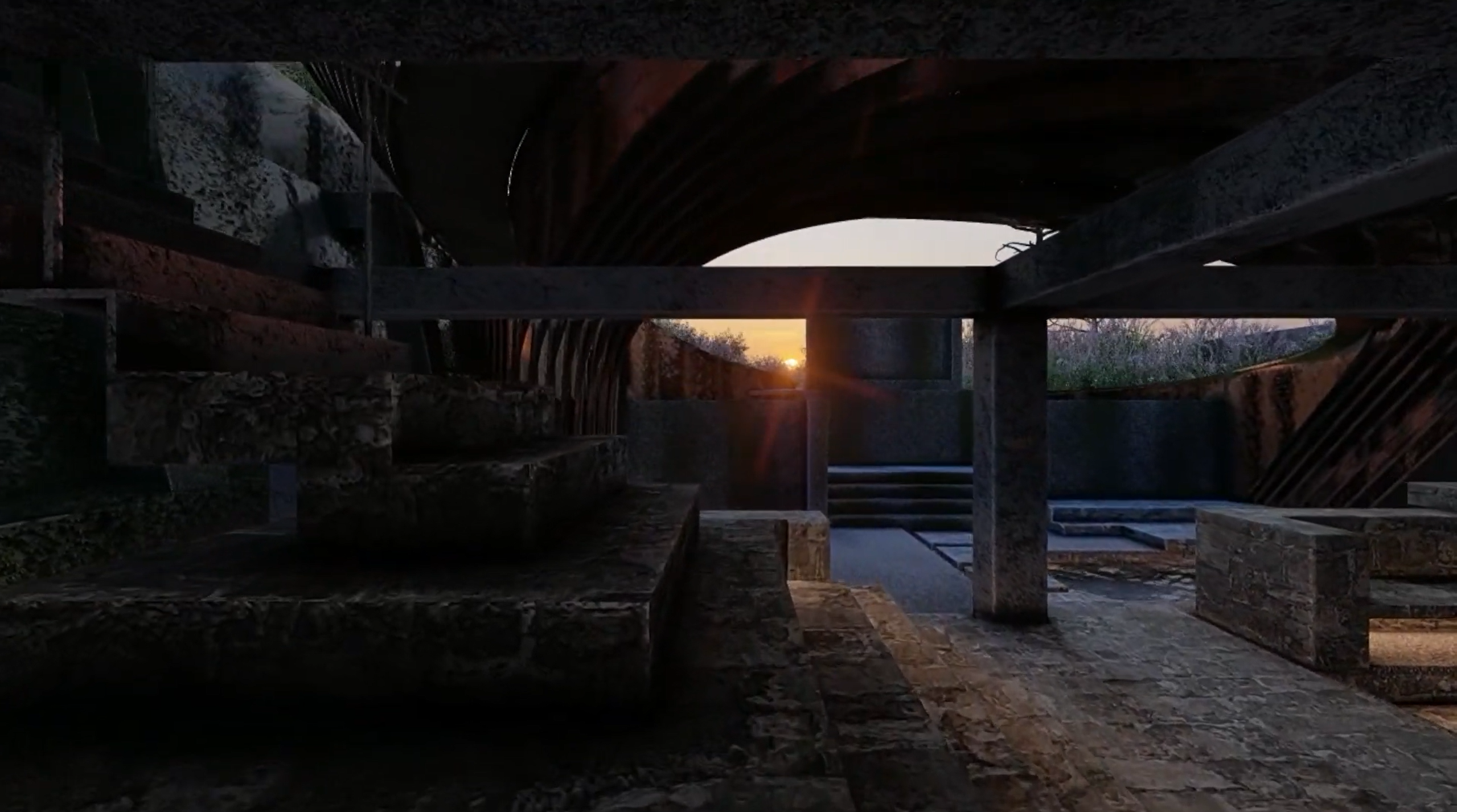 An arched stone chamber framing the setting sun
