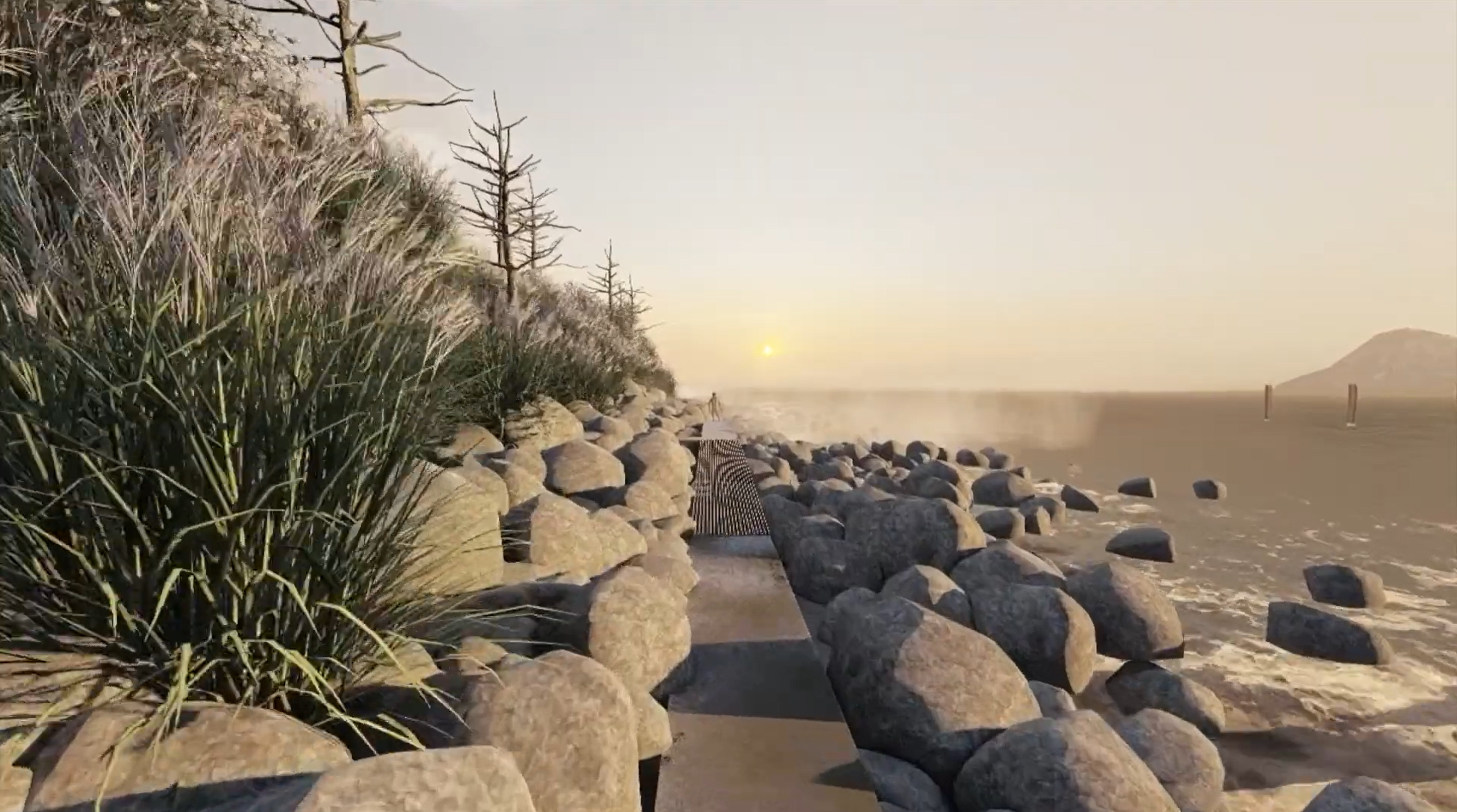 A coastal path along the rock revetment at sunset