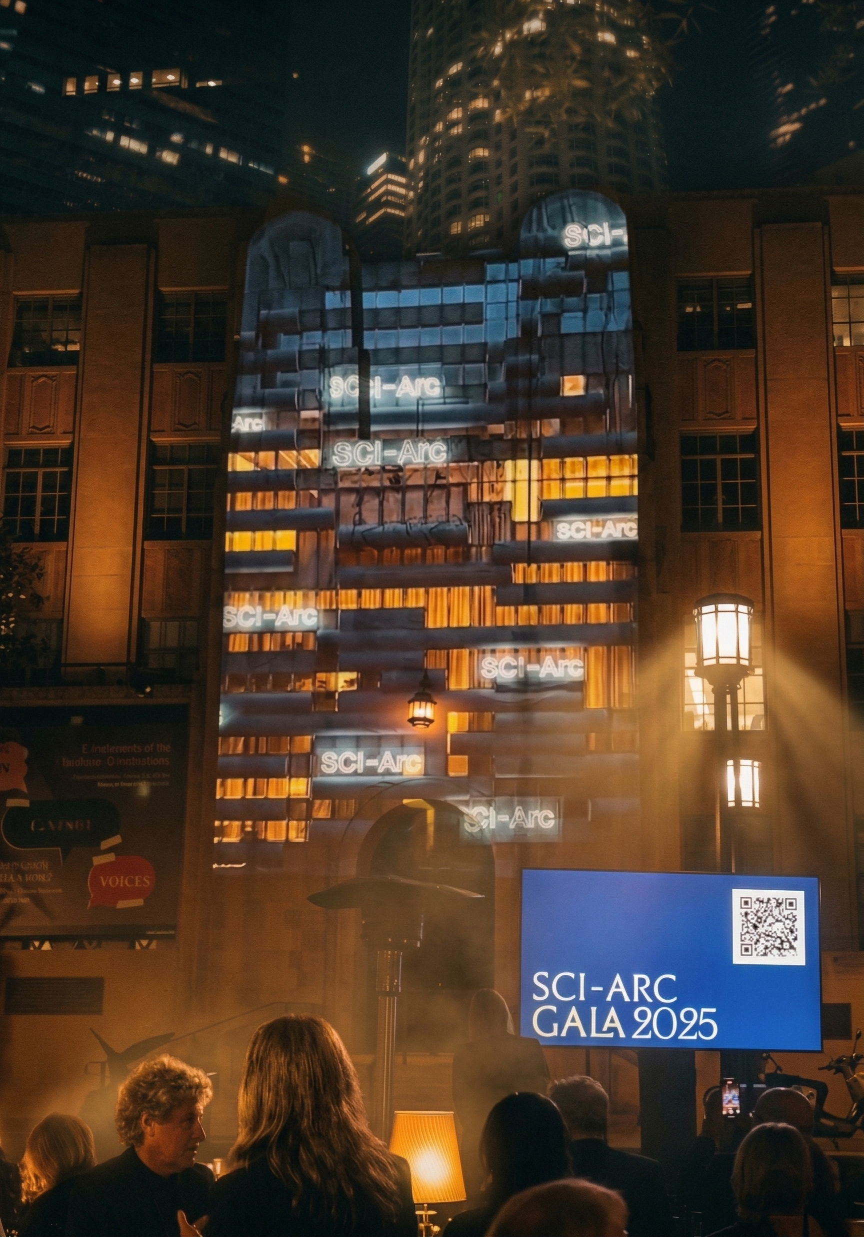 Gala night — student work projected across the downtown façade